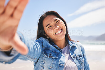 Buy stock photo Happy, selfie and woman on beach for holiday, vacation or summer in Indonesia or profile picture for social media or memory. Portrait, smile and person at the ocean, sea or relax in nature for break