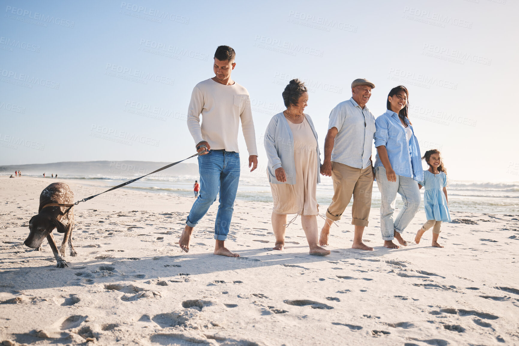 Buy stock photo Walking, family and a dog outdoor at the beach in summer for fun, freedom and vacation. People, child and grandparents with a pet on sand at sea on holiday for travel, love and happiness in nature