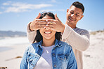 Surprise, cover eyes and people on beach with news, love and couple on romantic date, summer travel outdoor. Man, woman and marriage, secret announcement and bond, adventure and vacation in Mexico