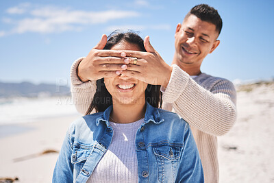 Buy stock photo Surprise, cover eyes and people on beach with news, love and couple on romantic date, summer travel outdoor. Man, woman and marriage, secret announcement and bond, adventure and vacation in Mexico