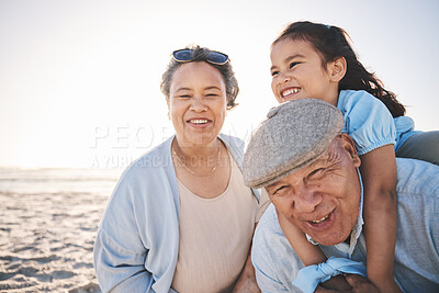 Buy stock photo Fun, beach and girl playing with her grandparents on a family vacation, adventure or holiday. Happy, smile and child on a piggyback ride and bonding with her grandmother and grandfather by the ocean.