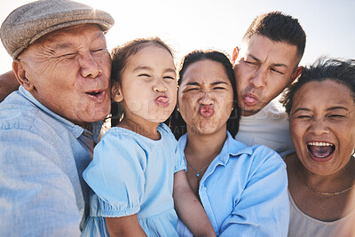 Buy stock photo Funny, selfie and child with grandparents and parents in nature on a vacation, adventure or holiday. Comic, goofy and family generations taking a picture with silly faces by a sky on a weekend trip.