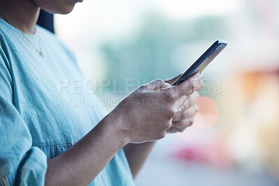 Buy stock photo Online, typing and hands of person with phone for social media, browse website and text message. Blurred background, networking and closeup of woman on smartphone for internet, research and email