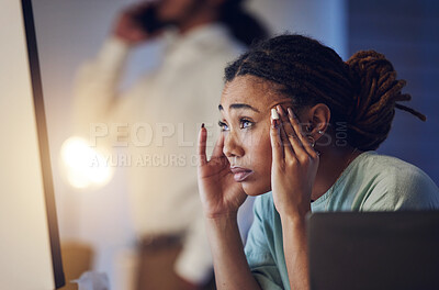 Buy stock photo Business woman, anxiety and stress at computer in office at night working late on deadline. Tired African entrepreneur person with hand on head for pain, headache or burnout thinking of work crisis