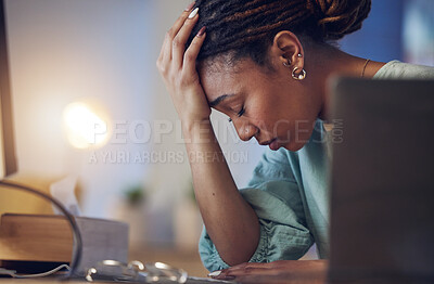 Buy stock photo Business woman, depression and stress in an office at night working late on deadline. Tired African entrepreneur person with hands on head for pain, burnout or regret for mistake or fail at work