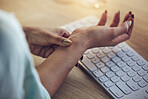 Wrist problem, computer keyboard or woman hands with carpal tunnel syndrome, osteoarthritis or joint pain. Closeup, copywriting typing fatigue and person with arthritis risk, fibromyalgia or injury