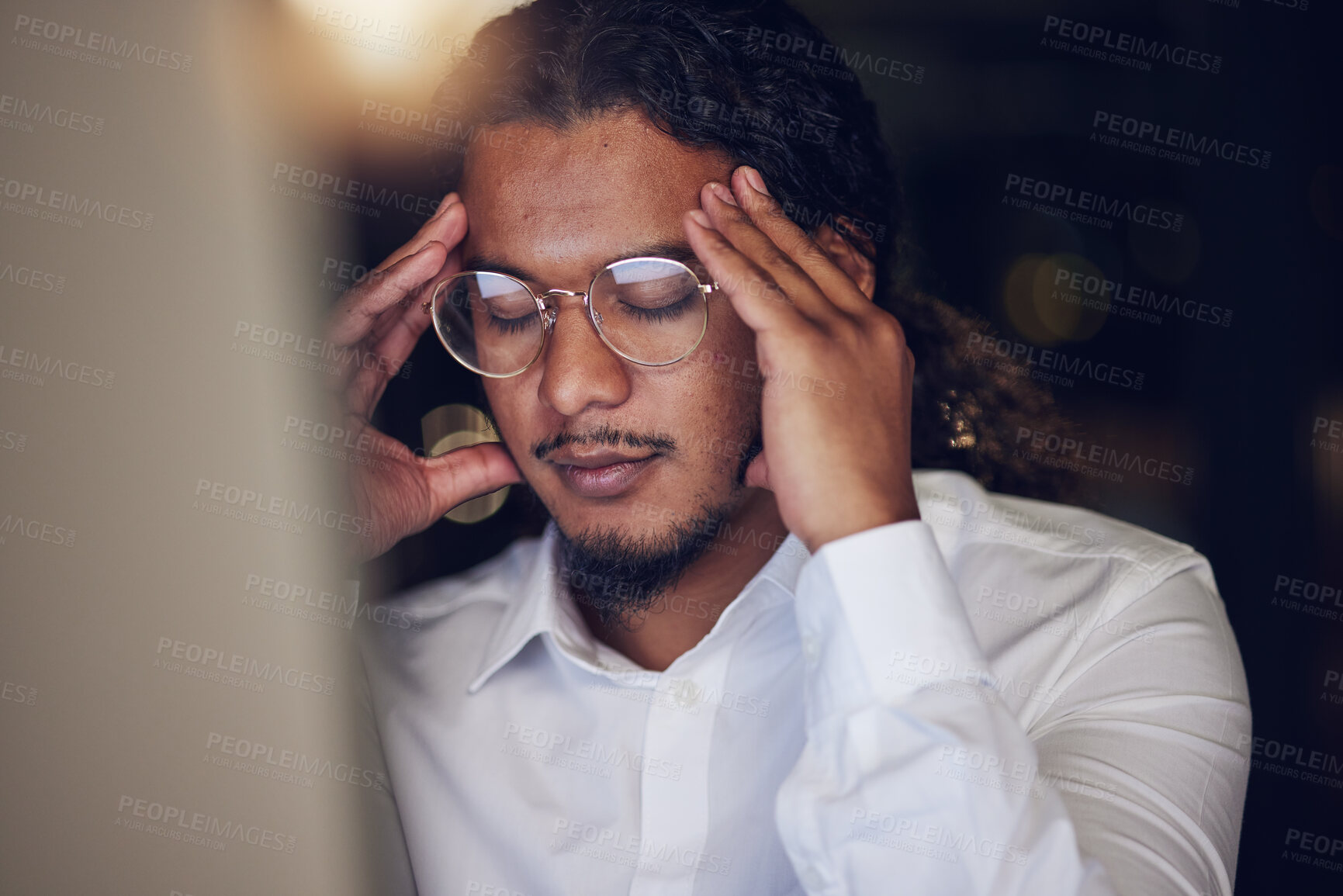 Buy stock photo Business man, stress and headache on computer for stock market crash, bankruptcy and night mistake or error. Professional worker or trader pain, depression or frustrated for trading fail on desktop