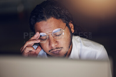 Buy stock photo Businessman, headache and stress at computer at night in office working late on deadline. Tired entrepreneur person with glasses and hands on head for pain, burnout or depression and fatigue at work
