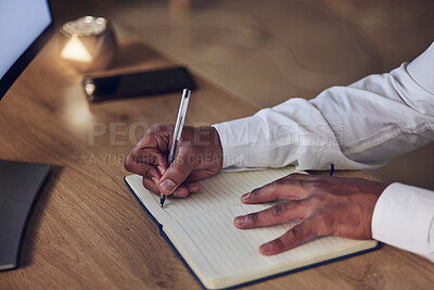 Buy stock photo Notebook, pen and hands of professional person writing notes of journalist story, summary and planning project at night. Closeup, journal planner and agent work late on creative brainstorming process