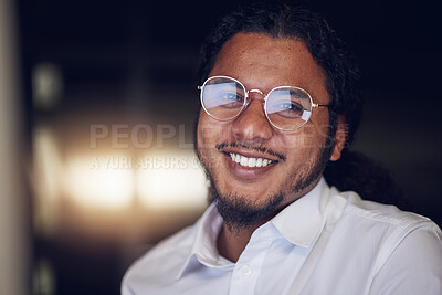 Buy stock photo Professional, night and portrait of business man in office for happy, manager and accountant. Pride, corporate and smile with face of employee in finance agency for planning, consulting and economy