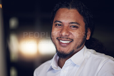Buy stock photo Happy, professional and portrait of business man in office for night, manager and accountant. Pride, corporate and smile with face of employee in finance agency for planning, consulting and economy