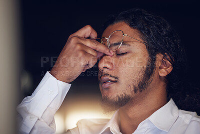 Buy stock photo Tired, night and headache with business man in office for eye strain, stress and fatigue. Burnout, frustrated and failure with face of employee thinking in agency for mistake, crisis and problem