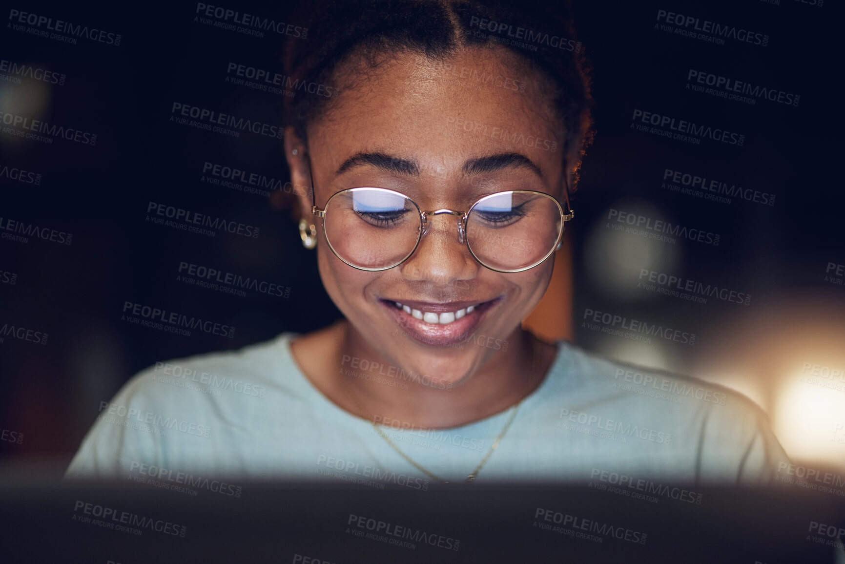 Buy stock photo Night, laptop and face of happy woman review journalist story, social media blog and research report. News editor, reading or female writer check online article, editing copywriting or agency project
