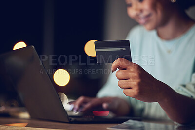 Buy stock photo Business woman, credit card and laptop for online shopping, e commerce and financial loan or fintech at night. Professional person or worker typing on computer for banking, payment or subscription