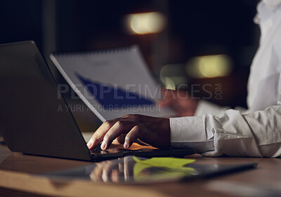 Buy stock photo Business person, hands and documents, laptop or data analytics, marketing research and charts or graphs at night. Professional worker typing on computer and paperwork for increase, statistics and SEO