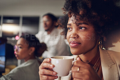 Buy stock photo Coffee, office and business woman thinking in coworking company with night idea and relax. African female person, tea and staff with latte drink and creative work ideas and employee with planning