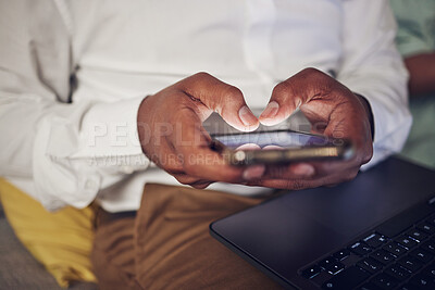 Buy stock photo Laptop, online and hands of person with phone for social media, website and connection in office. Computer, networking and closeup of business man on smartphone for internet, research and email
