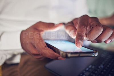 Buy stock photo Online, screen and hands of person with phone for social media, browse website and text message. Professional, networking and closeup of business worker on smartphone for internet, research and email