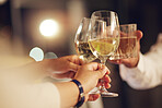 Celebration, people hands and toast alcohol drinks for achievement, congratulations party or luxury gala vent. Support, night friends and group cheers with champagne, sparkling wine or glass beverage