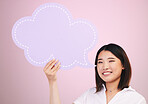 Woman, speech bubble and social media, portrait and voice with dialogue isolated on pink background. Smile, Asian and communication, chat and voice with feedback, FAQ and mockup space in a studio