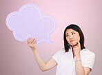 Asian woman, speech bubble and thinking on mockup space in quote or doubt against a pink studio background. Female person in problem solving with shape, icon or symbol in brainstorming or decision