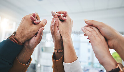 Buy stock photo Closeup, business people and holding hands with support, partnership and collaboration with team building. Group, zoom or staff with solidarity, community or motivation with cooperation and coworking