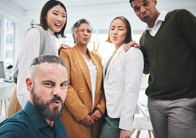 Buy stock photo Selfie, portrait and funny business people together in office for team building, collaboration and support. Diversity, employees and happy friends with silly faces for profile picture on social media