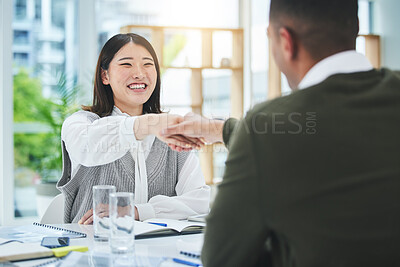 Buy stock photo Interview, business people and human resources, shaking hands and recruitment, onboarding and conversation. Communication, hiring and meeting with feedback, promotion and handshake with trust 