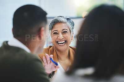 Buy stock photo Team, happy woman or business people in meeting laughing at funny joke in discussion or collaboration together. Smile, leadership or excited mature mentor talking or speaking of ideas to employees