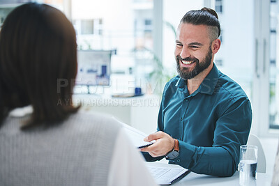 Buy stock photo Teamwork, meeting and documents with a business man in the office for planning or strategy. Collaboration, smile and portfolio with a team in the boardroom for contract agreement or discussion