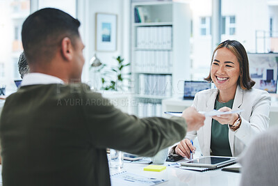 Buy stock photo Teamwork, meeting and documents with a business asian woman in the office for planning or strategy. Teamwork, smile and portfolio with a team in the boardroom for contract agreement or discussion