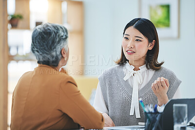 Buy stock photo Meeting, discussion and business women in office for brainstorming, ideas and collaboration. Corporate feedback, teamwork and worker talking to manager working on project, proposal and strategy