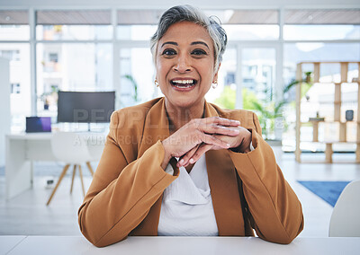 Buy stock photo Video call, business and portrait of mature woman in office for online conference, webinar and meeting. Communication, professional and worker at desk for conversation, virtual seminar and discussion