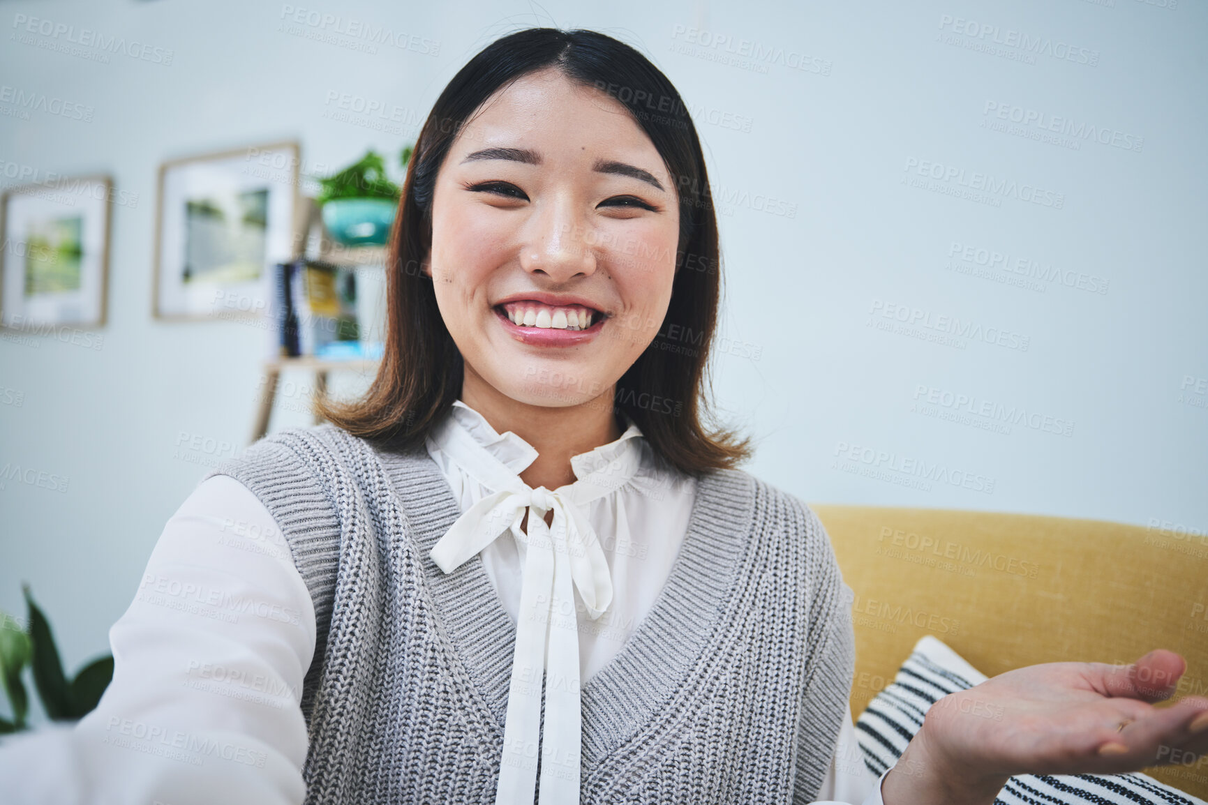 Buy stock photo Video call, business and portrait of Asian woman for conference, online webinar and meeting. Communication, professional and person working from home for interview, virtual seminar and discussion