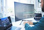 Computer, programmer or technician man for coding, software script or cyber security in office. Behind IT engineer person with technology for programming, future ui and data analytics or innovation