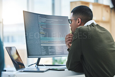 Buy stock photo Man, computer screen and thinking of coding, programming or software development and online solution. Programmer or developer reading html script, website problem solving or cybersecurity on monitor