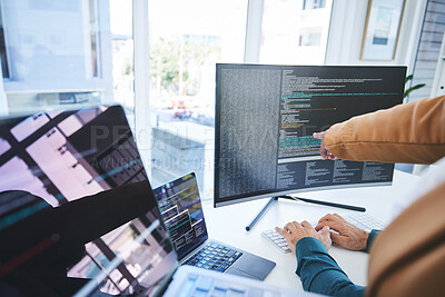 Buy stock photo Closeup, manager and worker with computer screen, programming or training with trading, coaching or mentor. Advice, supervisor or employee with pc, coding or cyber security with programmer or fintech