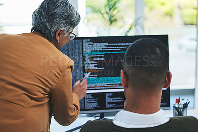 Buy stock photo Advice, manager and employee with computer screen, programmer and code with trading, coaching and database. Mentor, help and man with pc, coding and  with programming, fintech and training a worker