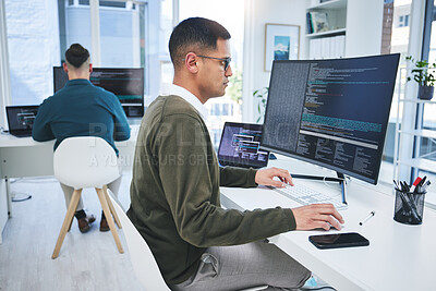 Buy stock photo Programming, software developer and a man at computer for coding, script or cyber security in office. IT technician person or programmer with technology for development, future or data analytics