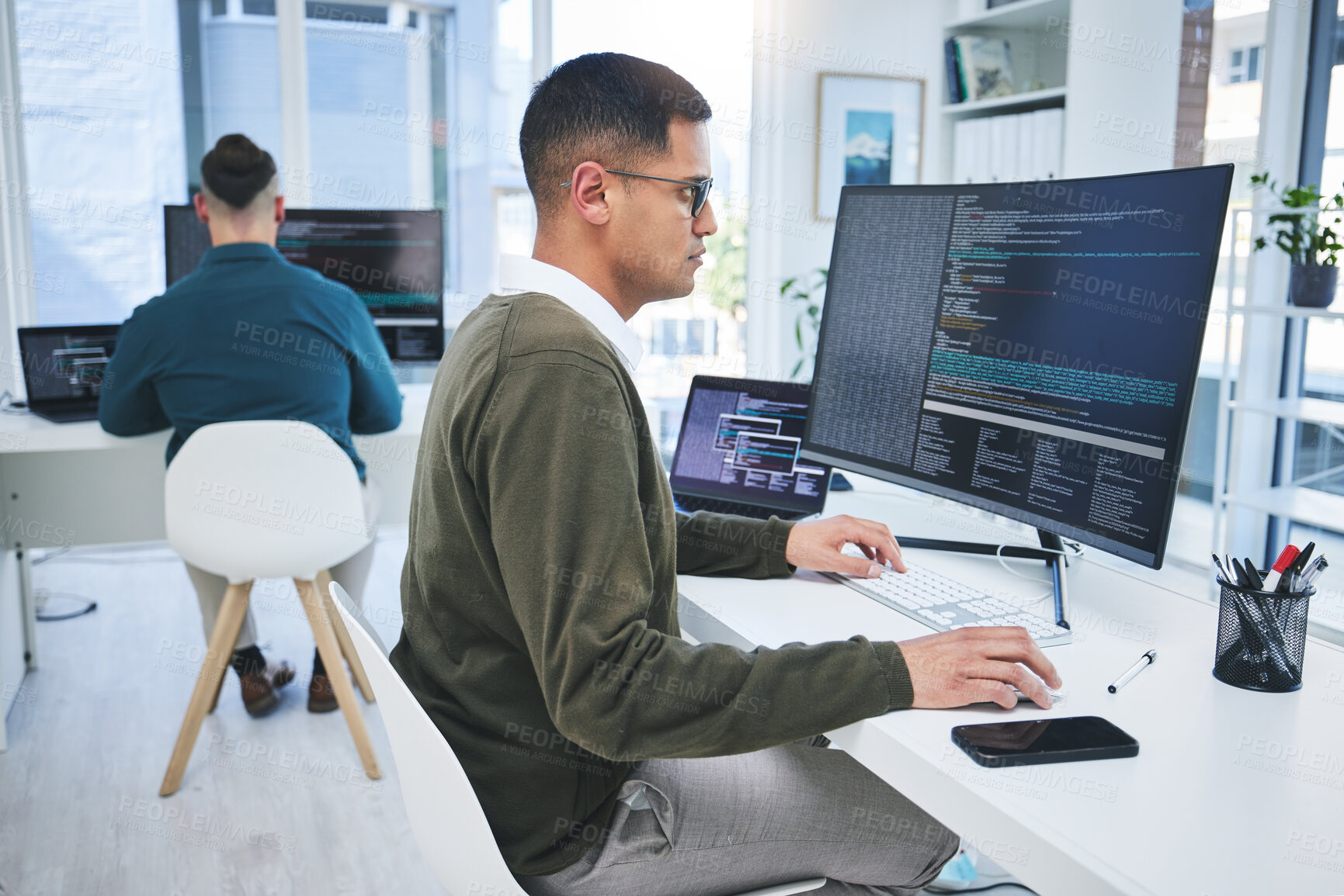 Buy stock photo Programming, software developer and a man at computer for coding, script or cyber security in office. IT technician person or programmer with technology for development, future or data analytics