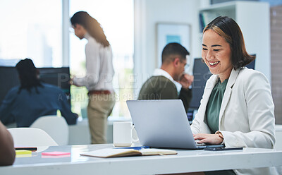 Buy stock photo Business, smile and woman with laptop, typing and connection with network, website information and research. Happy person, consultant and employee with pc, search internet and planning in workplace