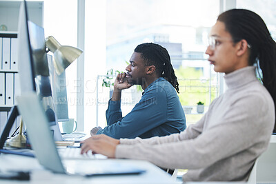 Buy stock photo Computer, thinking and employees working in a company or startup agency typing online document or research on internet. Website, web and corporate people in an office doing online communication