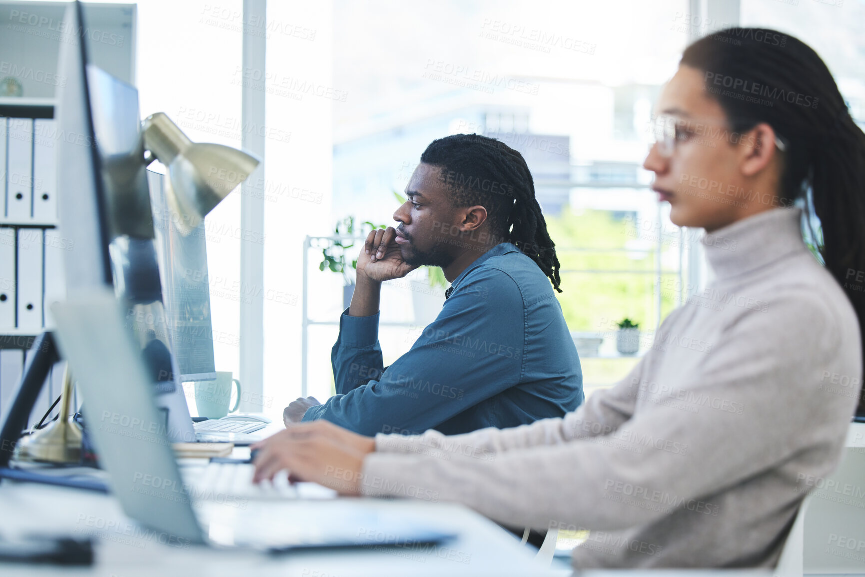 Buy stock photo Computer, thinking and employees working in a company or startup agency typing online document or research on internet. Website, web and corporate people in an office doing online communication