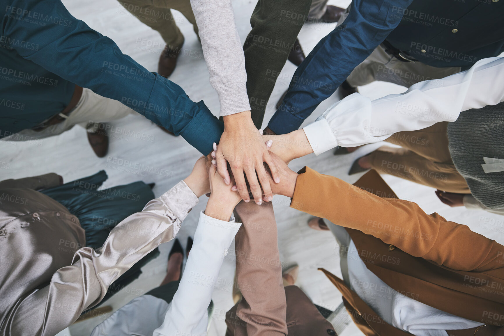 Buy stock photo Hands together, team and support, solidarity and business people with top view, stack and community. Synergy, cooperation and huddle, collaboration and corporate group with trust, meeting and mission