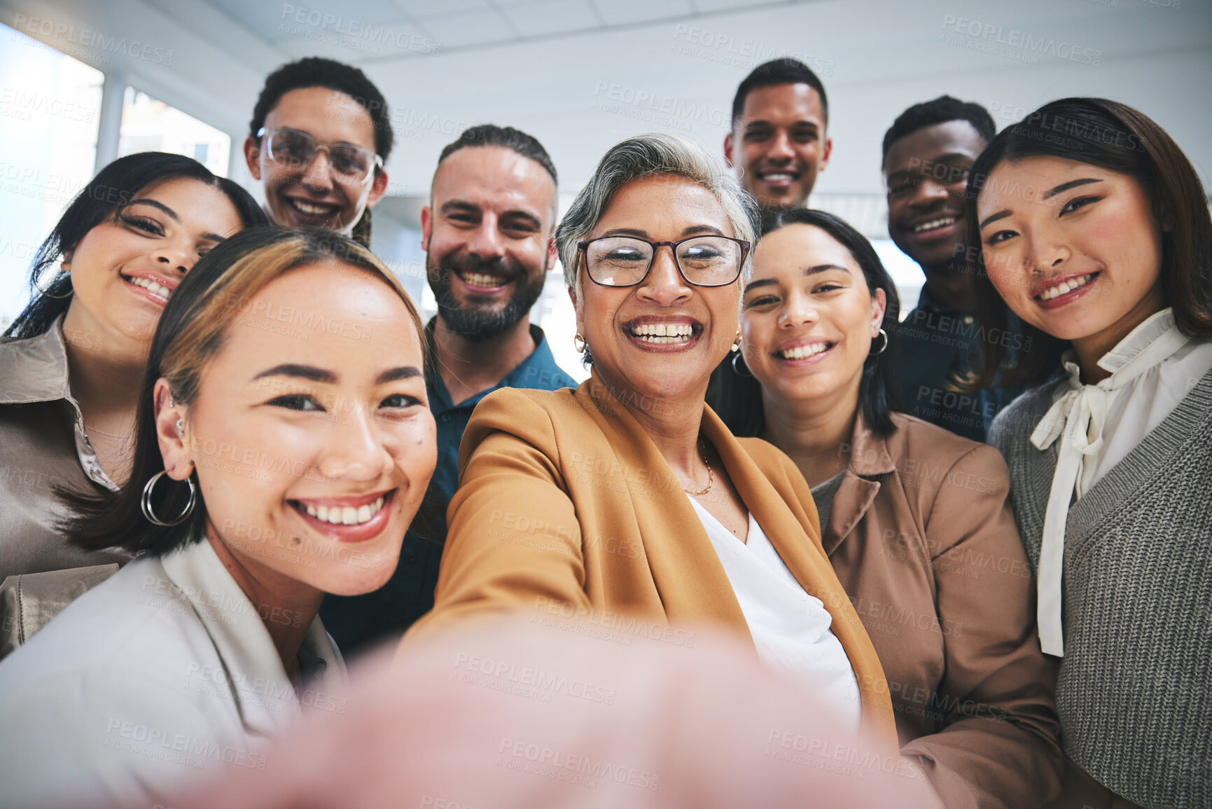 Buy stock photo Work selfie, portrait and happy business people together for bonding, team building or group. Smile, diversity and a mature manager taking a photo with friends for social media, about us or faq