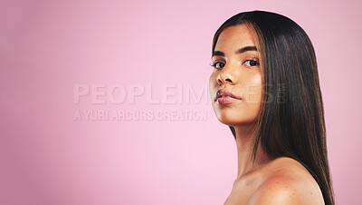 Buy stock photo Portrait, hair care and woman with growth, wellness and dermatology on a pink studio background. Face, person or model with skincare, cosmetics or luxury with self care, mockup space or spa treatment