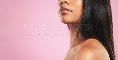 Buy stock photo Natural beauty, face and woman closeup with skincare, lip filler and hair care in a studio. Cosmetics, pink background and female model with facial and skin glow from dermatology and mockup space