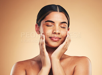 Buy stock photo Skincare, beauty and face of woman with eyes closed for wellness, health and facial care in studio. Dermatology, spa touch and natural person on brown background in cosmetics, glow and satisfaction