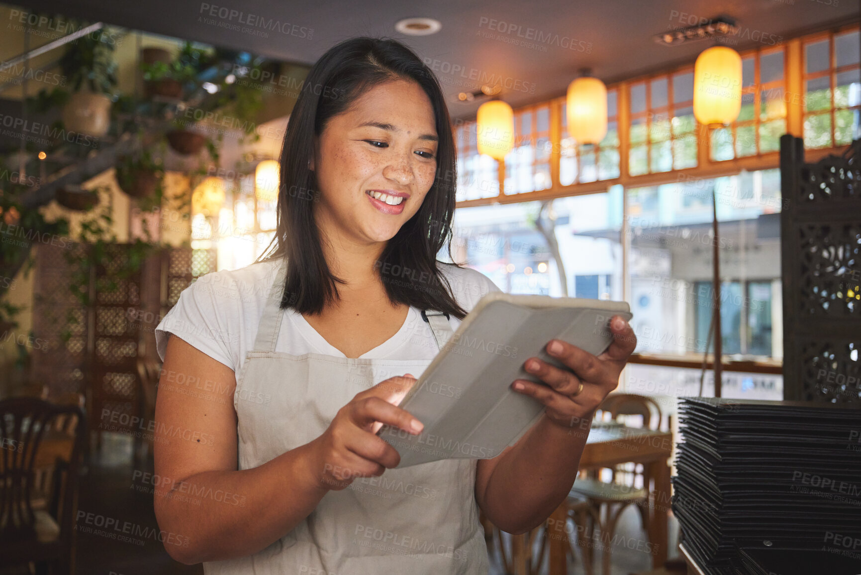 Buy stock photo Restaurant, tablet and woman for online for service, inventory and check food menu. Coffee shop, small business and happy waitress, barista or manager on digital tech for cafe website or payment app