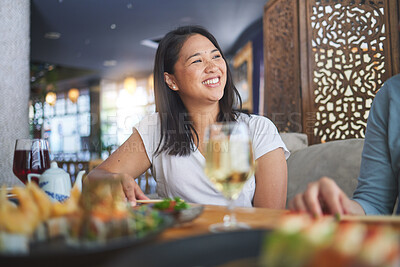 Buy stock photo Japanese woman, sushi restaurant and smile for eating, thinking and conversation for fine dining at party. Asian friends, fish and healthy with culture, traditional or fast food in diner, bar or shop